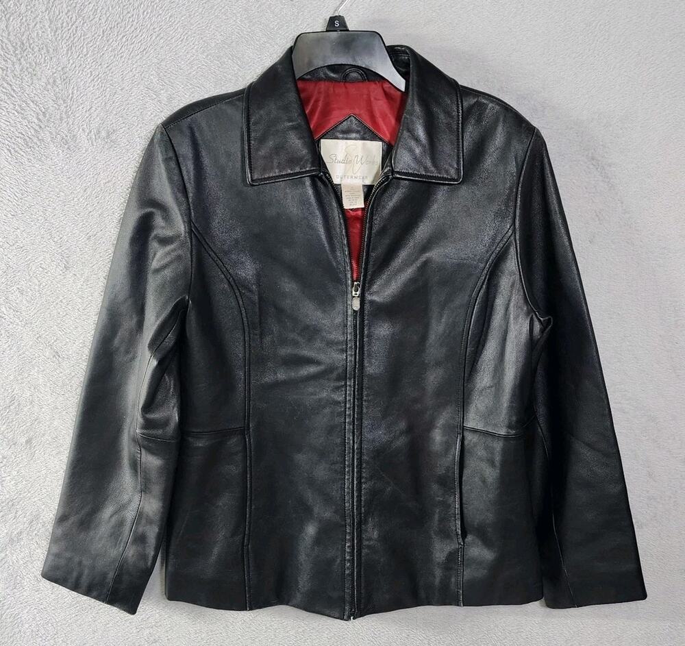 Studio Works Genuine Leather Jacket Black Red Lined Zip Front Y2K Womens Medium